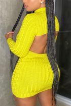 Yellow Sexy Casual Solid Backless Half A Turtleneck Wrapped Skirt Dresses