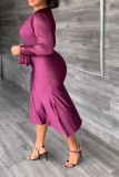 Purple Sexy Solid Patchwork O Neck Waist Skirt Dresses