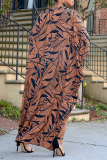 Brown Daily Print Pullovers V Neck Asymmetrical Dresses