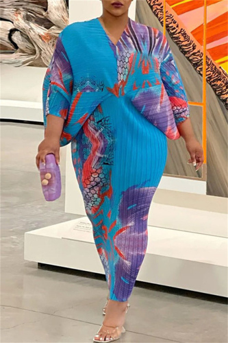 Blue Purple Casual Print Patchwork V Neck Pencil Skirt Plus Size Dresses