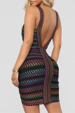Colour Sexy Patchwork Backless Spaghetti Strap Sleeveless Dress Dresses