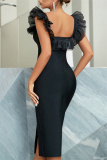 Black Sexy Formal Solid Patchwork Backless Slit Square Collar Evening Dress Dresses