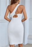 White Sexy Solid Patchwork Backless Oblique Collar Sleeveless Dress Dresses