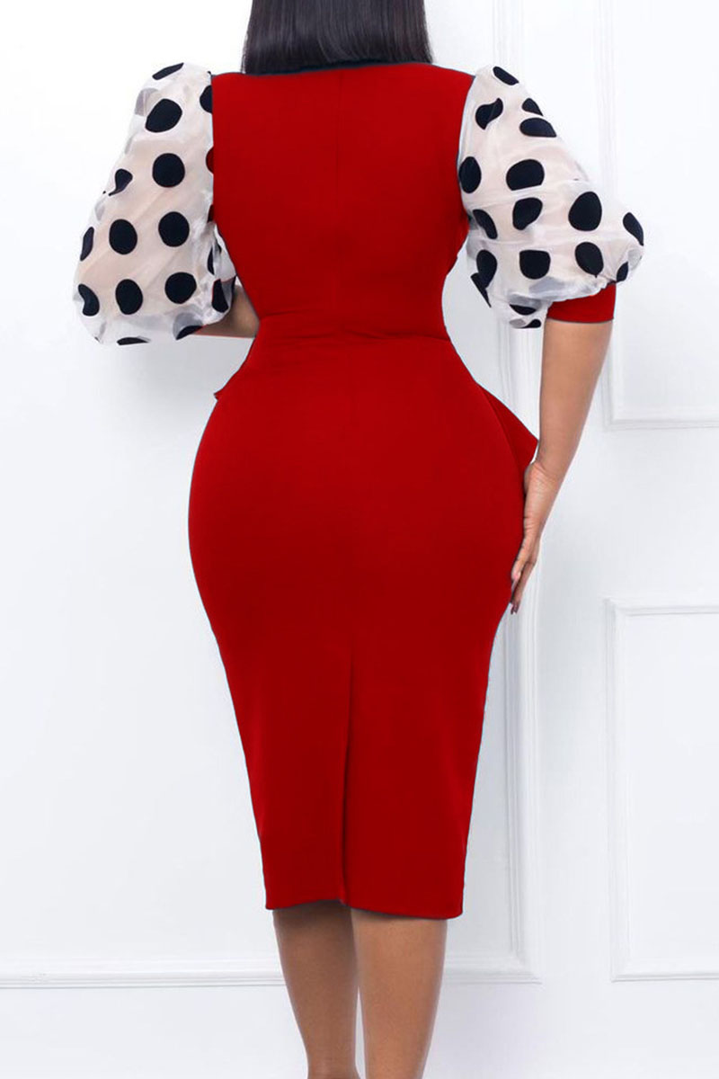 Wholesale Red Elegant Print Polka Dot Patchwork Flounce V Neck Pencil ...