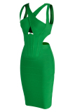 Green Sexy Solid Hollowed Out Patchwork Backless V Neck Sleeveless Dress Dresses