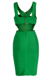 Green Sexy Solid Hollowed Out Patchwork Backless V Neck Sleeveless Dress Dresses