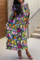 Multicolor Casual Print Fold Half A Turtleneck Long Sleeve Dresses