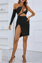 Black Sexy Solid Bandage Hollowed Out Patchwork Halter Irregular Dress Dresses
