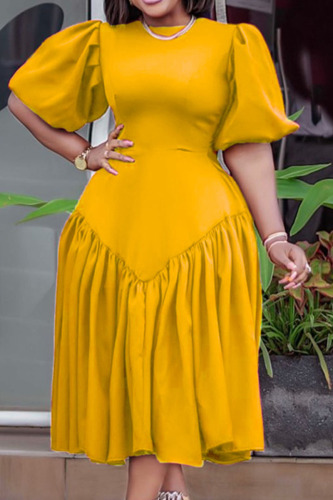 Yellow Casual Elegant Solid Patchwork Fold O Neck Princess Dresses