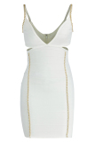White Sexy Solid Patchwork Chains Backless V Neck Sling Dress Dresses