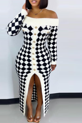 White Off-Shoulder Checkered Knit Maxi Dress Casual Party Wear Front Slit Button-Up Bodycon Sweater Dress