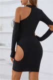 Black Sexy Solid Ripped Hollowed Out Asymmetrical Oblique Collar Long Sleeve Dresses