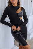 Black Sexy Patchwork Hollowed Out O Neck Long Sleeve Dresses