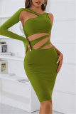 Green Sexy Solid Hollowed Out Patchwork Oblique Collar Irregular Dress Dresses