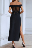 Black Sexy Formal Solid Patchwork See-through Backless Slit Off the Shoulder Evening Dress Dresses