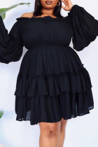 Black Casual Solid Patchwork Off the Shoulder Long Sleeve Plus Size Dress