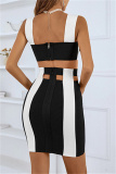 Black White Sexy Patchwork Hollowed Out Backless Square Collar Sleeveless Two Pieces