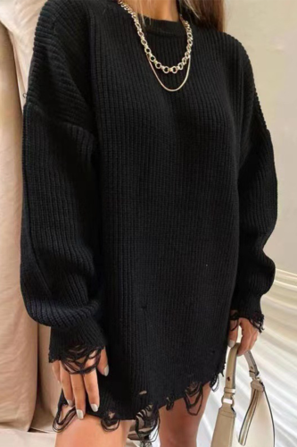 Black Street Solid Ripped O Neck Straight Dresses