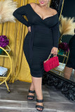 Black Sexy Solid Fold V Neck Wrapped Skirt Plus Size
