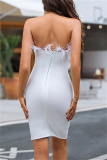 White Sexy Hot Drilling Patchwork Feathers Backless Strapless Evening Dress Dresses