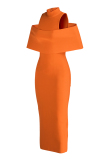 Orange Sexy Casual Solid Hollowed Out Patchwork Half A Turtleneck Pencil Skirt Dresses