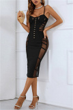 Black Sexy Solid Patchwork See-through Backless Spaghetti Strap Evening Dress Dresses