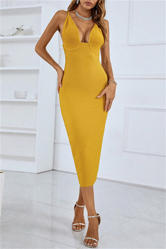 Yellow Sexy Solid Backless Slit Spaghetti Strap Long Dress Dresses