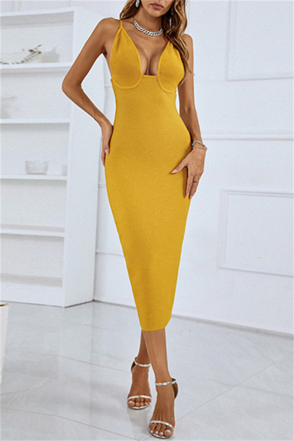 Yellow Sexy Solid Backless Slit Spaghetti Strap Long Dress Dresses