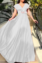 White Casual Elegant Solid Patchwork Flounce Fold V Neck Evening Dress Dresses