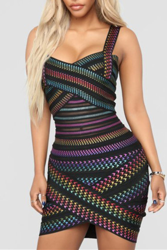 Colour Sexy Patchwork Backless Spaghetti Strap Sleeveless Dress Dresses