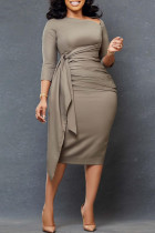 Grey Casual Solid Patchwork Oblique Collar Long Sleeve Dresses
