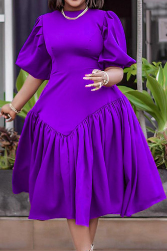Purple Casual Elegant Solid Patchwork Fold O Neck Princess Dresses