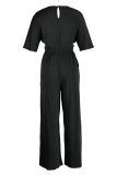 Black Fashion Casual Solid Hollowed Out Patchwork V Neck Regular Jumpsuits
