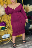 Fuchsia Sexy Solid Fold V Neck Wrapped Skirt Plus Size