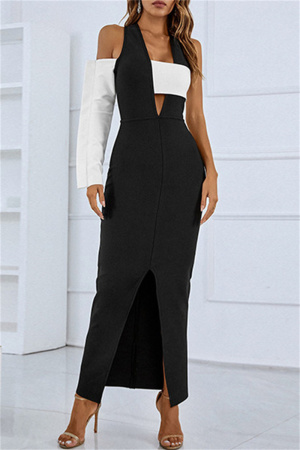 Black White Sexy Solid Hollowed Out Patchwork Slit V Neck Evening Dress Dresses