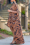 Brown Daily Print Pullovers V Neck Asymmetrical Dresses