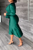 Green Sexy Solid Patchwork O Neck Waist Skirt Dresses
