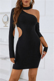 Black Sexy Solid Ripped Hollowed Out Asymmetrical Oblique Collar Long Sleeve Dresses