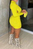 Yellow Sexy Casual Solid Backless Half A Turtleneck Wrapped Skirt Dresses