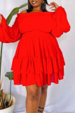 Red Casual Solid Patchwork Off the Shoulder Long Sleeve Plus Size Dress