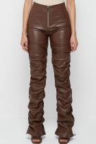 Coffee Sexy Solid Patchwork Fold Mid Waist Pencil Solid Color Bottoms