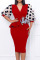 Red Elegant Print Polka Dot Patchwork Flounce V Neck Pencil Skirt Dresses