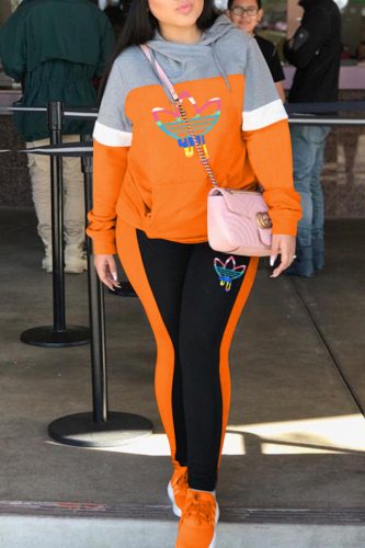 Orange Casual Print Patchwork Hooded Collar Long Sleeve Two Pieces