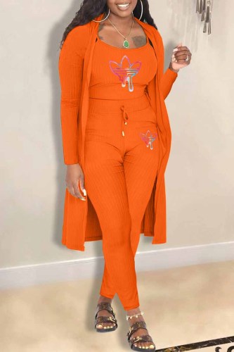 Orange Casual Print Patchwork Long Sleeve Three Pieces