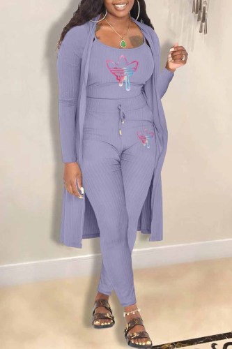 Purple Casual Print Patchwork Long Sleeve Three Pieces