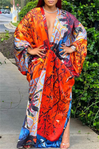 Red Casual Print Patchwork V Neck Irregular Dress Plus Size Dresses