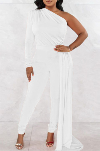 White Casual Solid Patchwork Asymmetrical Oblique Collar Skinny Jumpsuits