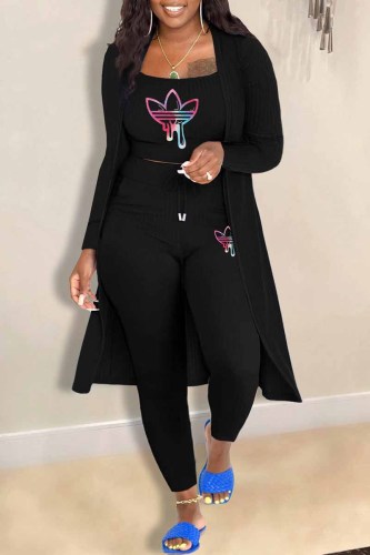 Black Casual Print Patchwork Long Sleeve Three Pieces