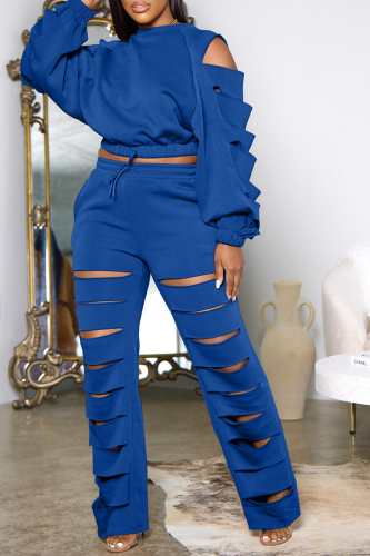 Blue Casual Solid Hollowed Out O Neck Long Sleeve Two Pieces