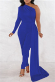 Blue Casual Solid Patchwork Asymmetrical Oblique Collar Skinny Jumpsuits